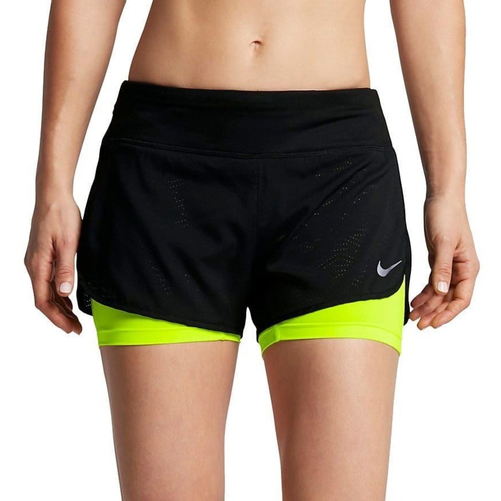 Nike Running Dri-FIT 2-in-1 Shorts Black Neon Yellow Womens Size S Zip Pocket